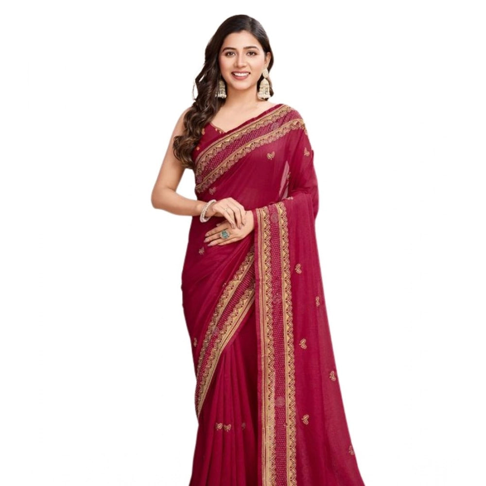 Snuggle Spot Women's Vichitra Silk Embroidery Work Saree With Unstitched Blouse 5.5Mtr (Red)