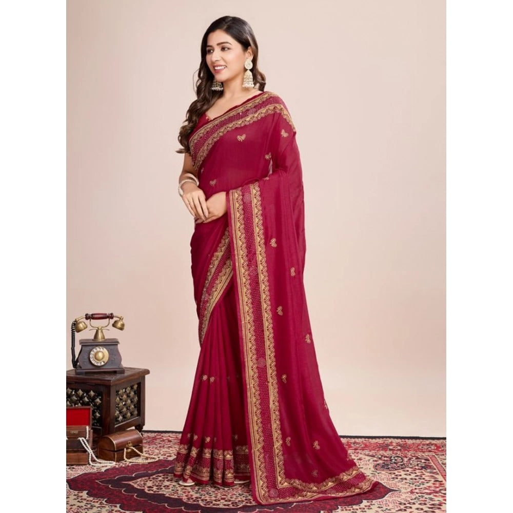 Snuggle Spot Women's Vichitra Silk Embroidery Work Saree With Unstitched Blouse 5.5Mtr (Red)