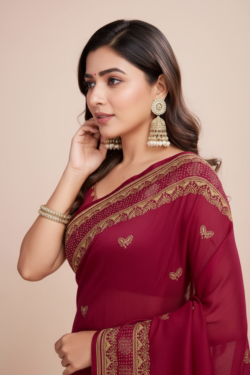 Snuggle Spot Women's Vichitra Silk Embroidery Work Saree With Unstitched Blouse 5.5Mtr (Red)