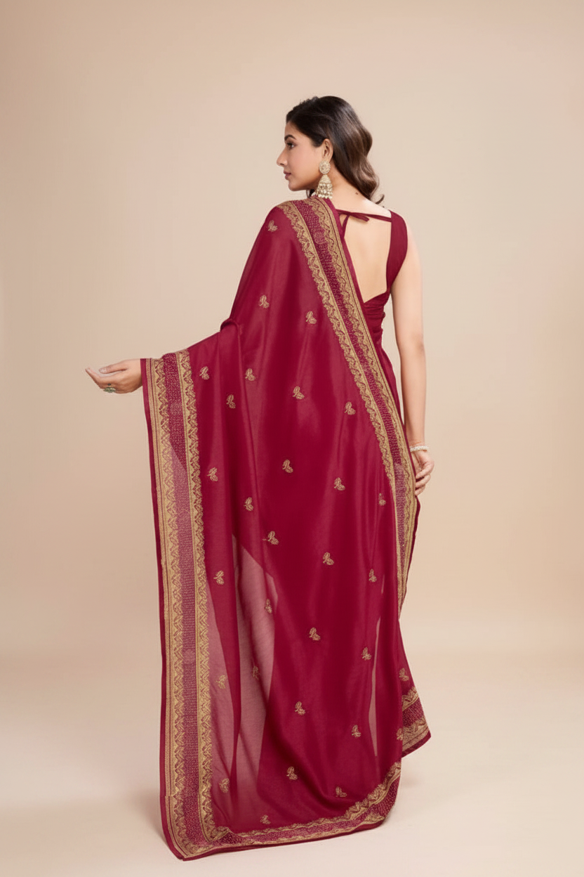 Snuggle Spot Women's Vichitra Silk Embroidery Work Saree With Unstitched Blouse 5.5Mtr (Red)