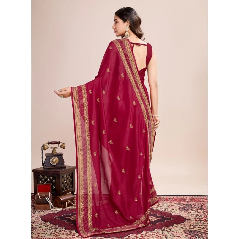 Snuggle Spot Women's Vichitra Silk Embroidery Work Saree With Unstitched Blouse 5.5Mtr (Red)