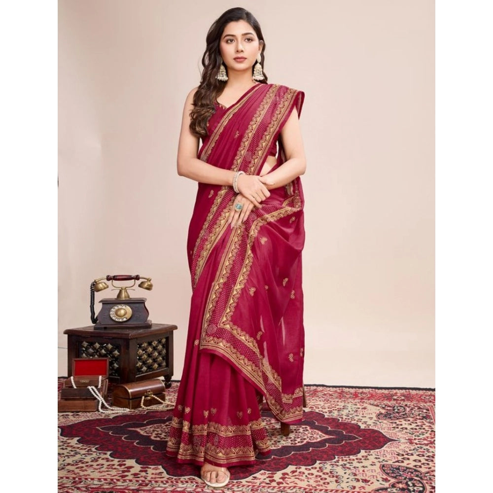 Snuggle Spot Women's Vichitra Silk Embroidery Work Saree With Unstitched Blouse 5.5Mtr (Red)