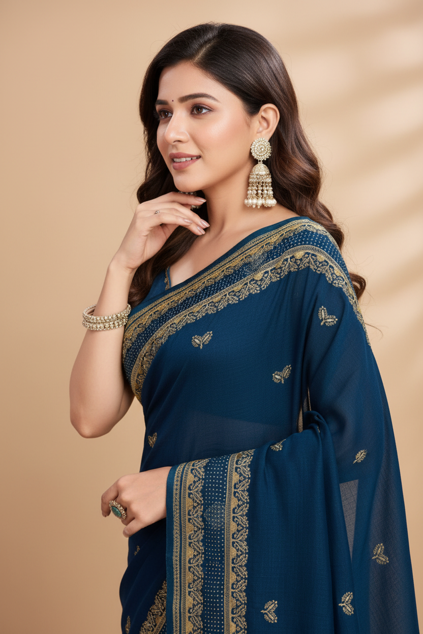 Snuggle Spot Women's Vichitra Silk Embroidery Work Saree With Unstitched Blouse 5.5Mtr (Teal)