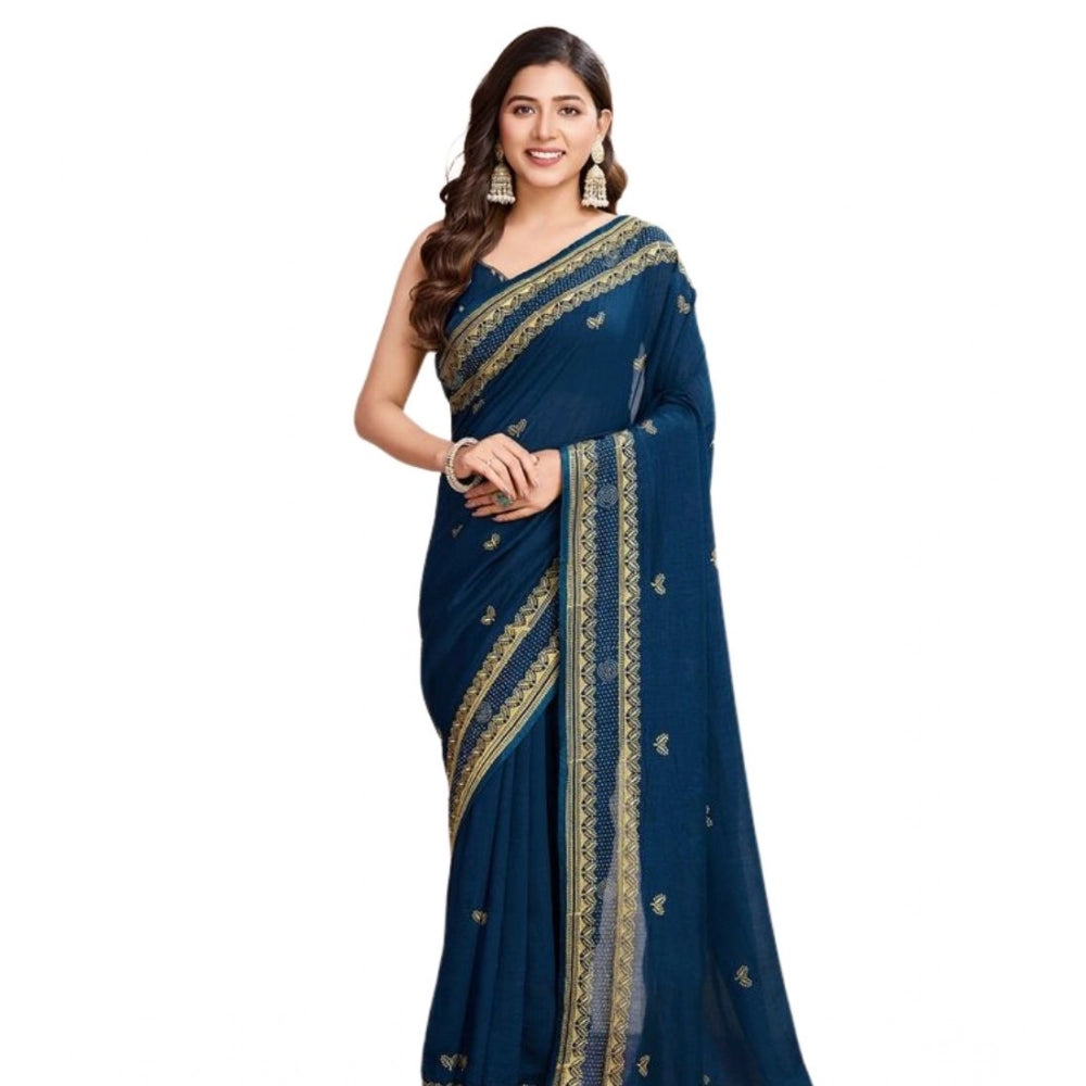 Snuggle Spot Women's Vichitra Silk Embroidery Work Saree With Unstitched Blouse 5.5Mtr (Teal)