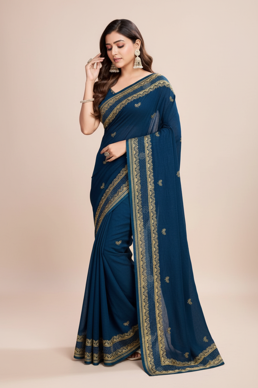 Snuggle Spot Women's Vichitra Silk Embroidery Work Saree With Unstitched Blouse 5.5Mtr (Teal)