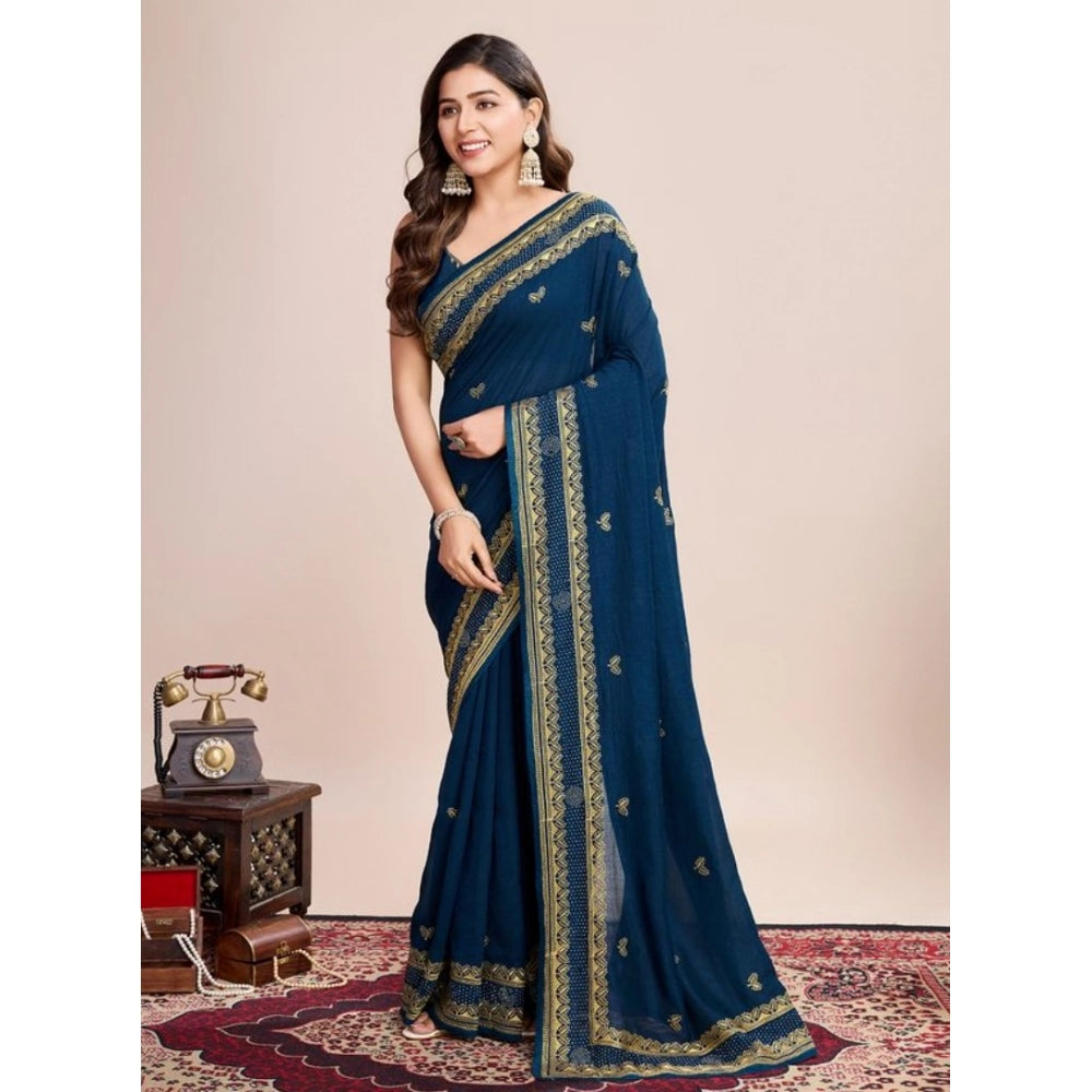 Snuggle Spot Women's Vichitra Silk Embroidery Work Saree With Unstitched Blouse 5.5Mtr (Teal)
