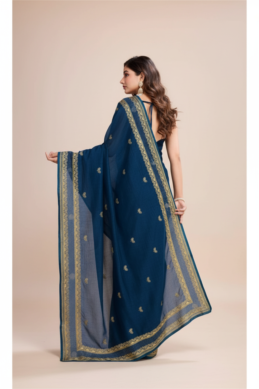 Snuggle Spot Women's Vichitra Silk Embroidery Work Saree With Unstitched Blouse 5.5Mtr (Teal)
