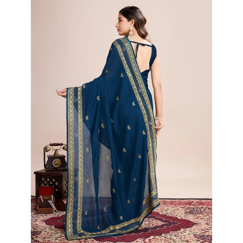 Snuggle Spot Women's Vichitra Silk Embroidery Work Saree With Unstitched Blouse 5.5Mtr (Teal)