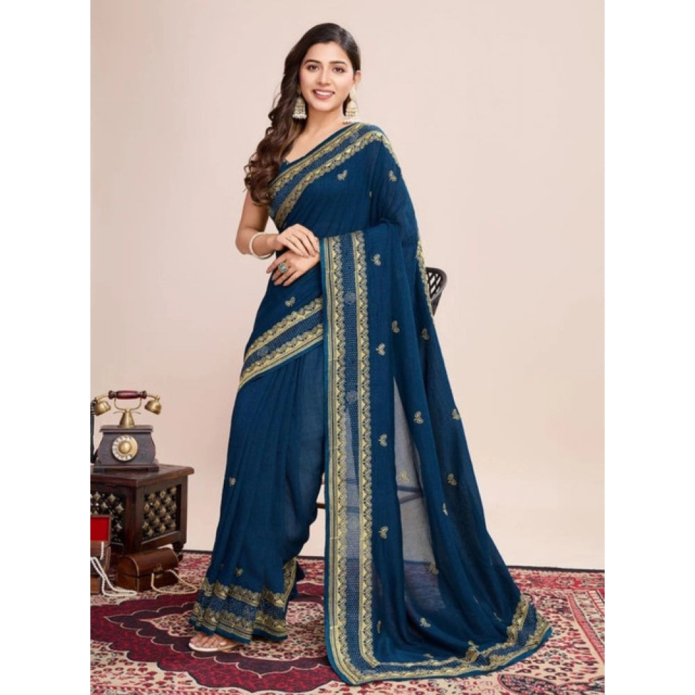 Snuggle Spot Women's Vichitra Silk Embroidery Work Saree With Unstitched Blouse 5.5Mtr (Teal)
