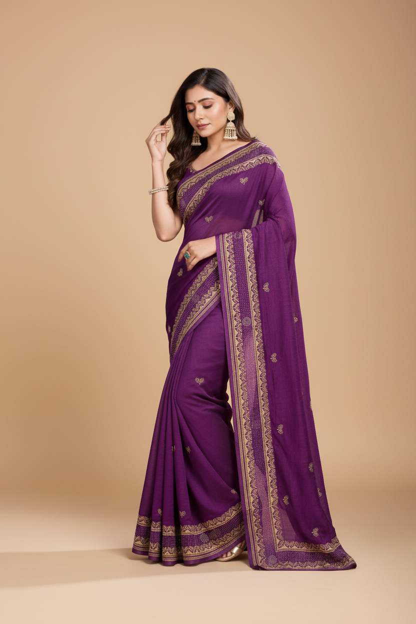 Snuggle Spot Women's Vichitra Silk Embroidery Work Saree With Unstitched Blouse 5.5Mtr (Wine)