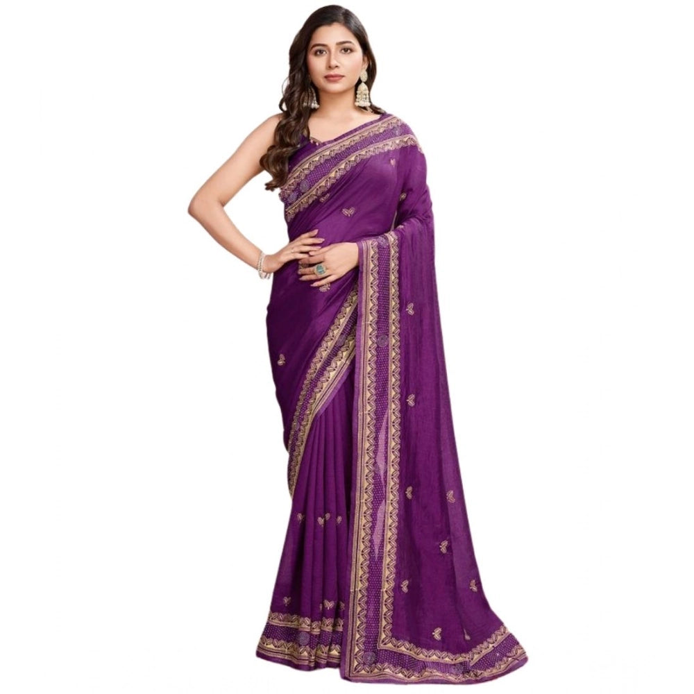 Snuggle Spot Women's Vichitra Silk Embroidery Work Saree With Unstitched Blouse 5.5Mtr (Wine)