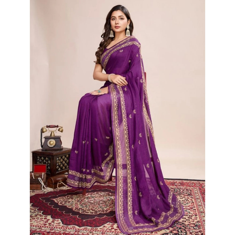 Snuggle Spot Women's Vichitra Silk Embroidery Work Saree With Unstitched Blouse 5.5Mtr (Wine)
