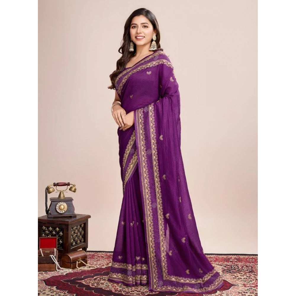 Snuggle Spot Women's Vichitra Silk Embroidery Work Saree With Unstitched Blouse 5.5Mtr (Wine)