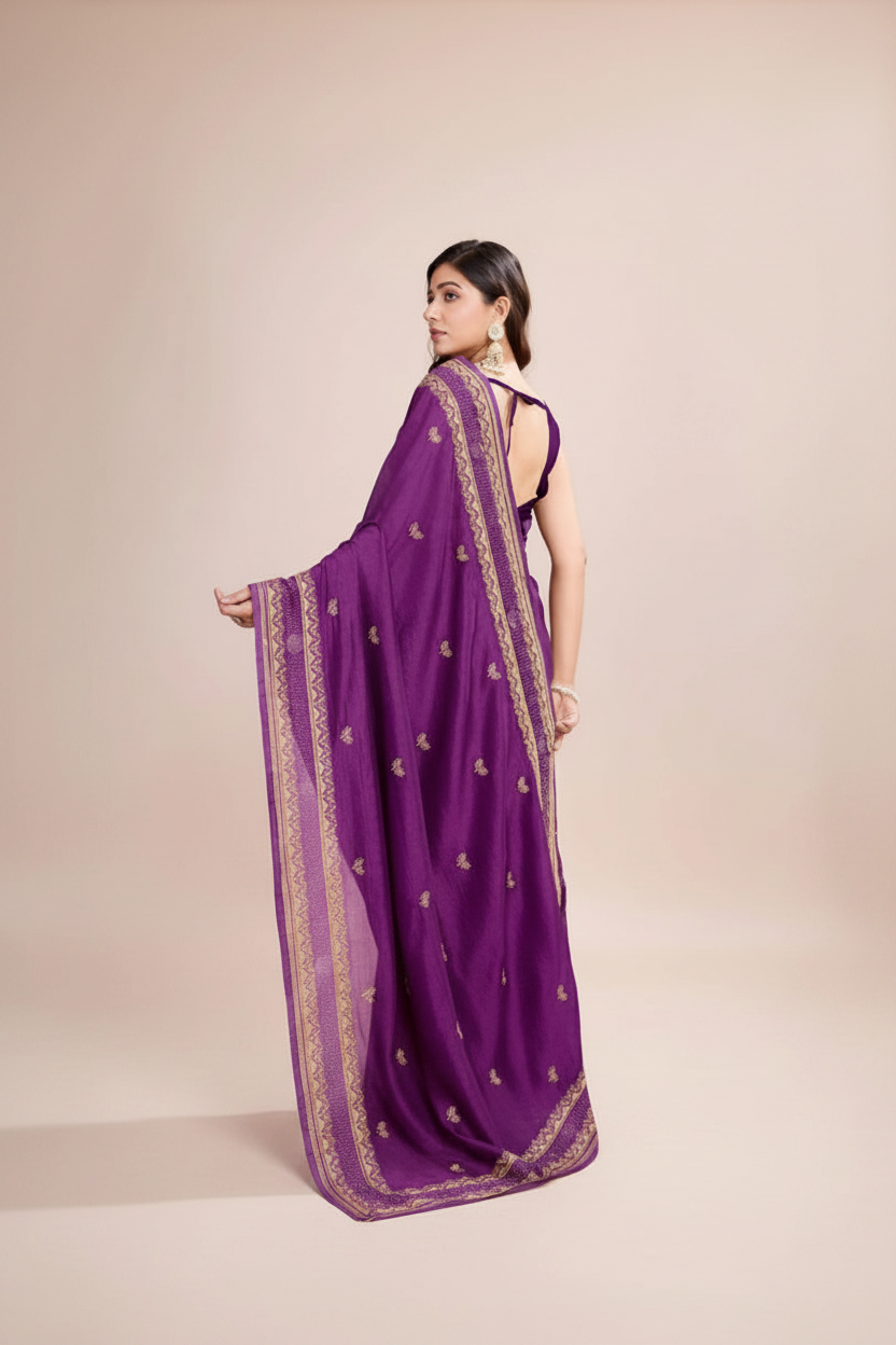 Snuggle Spot Women's Vichitra Silk Embroidery Work Saree With Unstitched Blouse 5.5Mtr (Wine)
