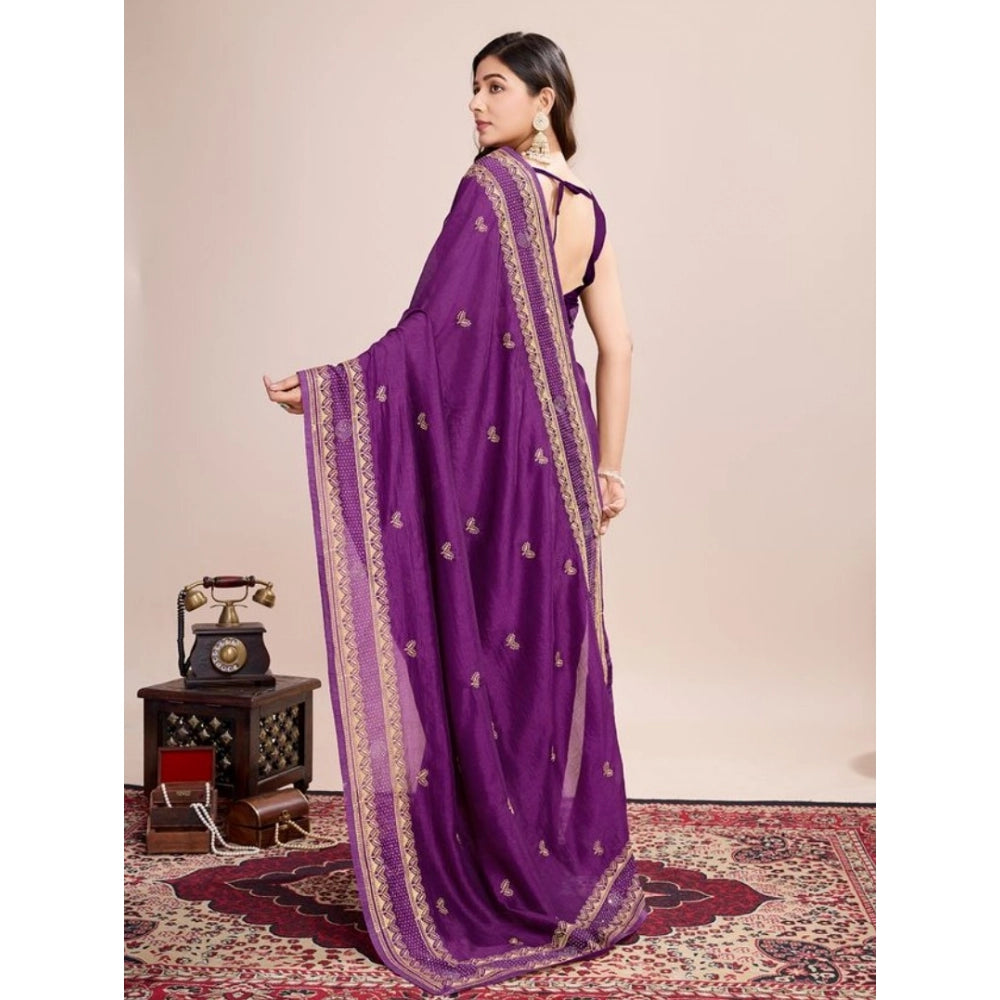 Snuggle Spot Women's Vichitra Silk Embroidery Work Saree With Unstitched Blouse 5.5Mtr (Wine)