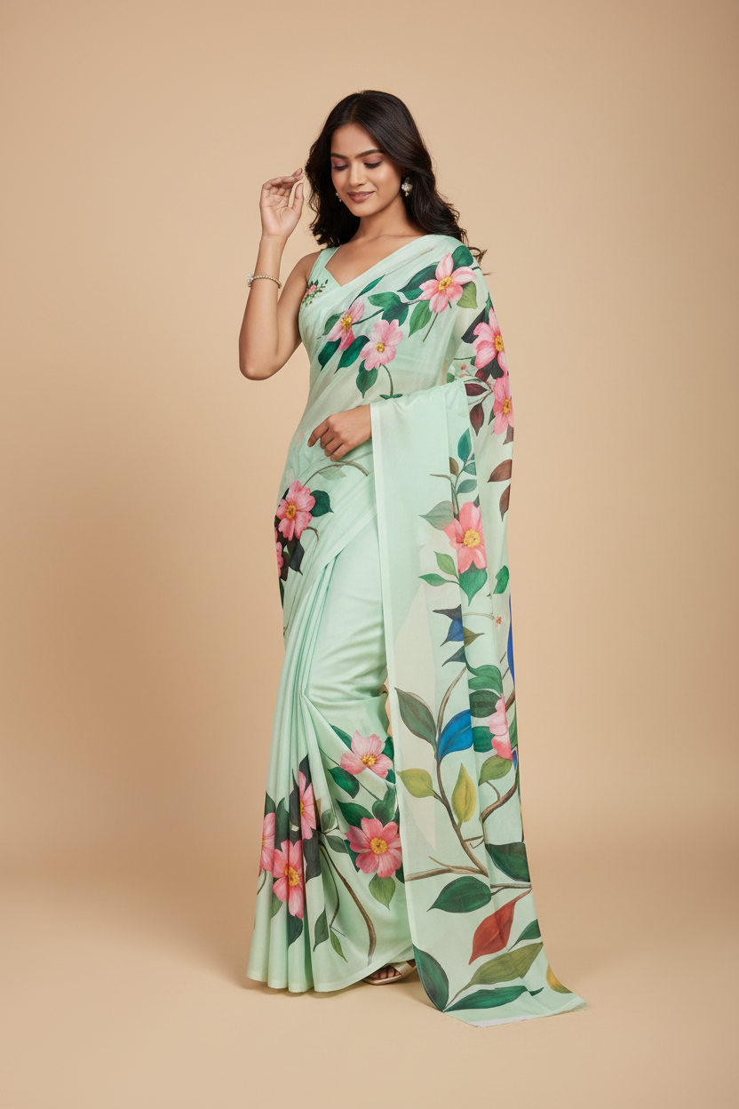 Snuggle Spot Women's Faux_Georgette Printed Saree With Unstitched Blouse 5.5Mtr (Light_Green)