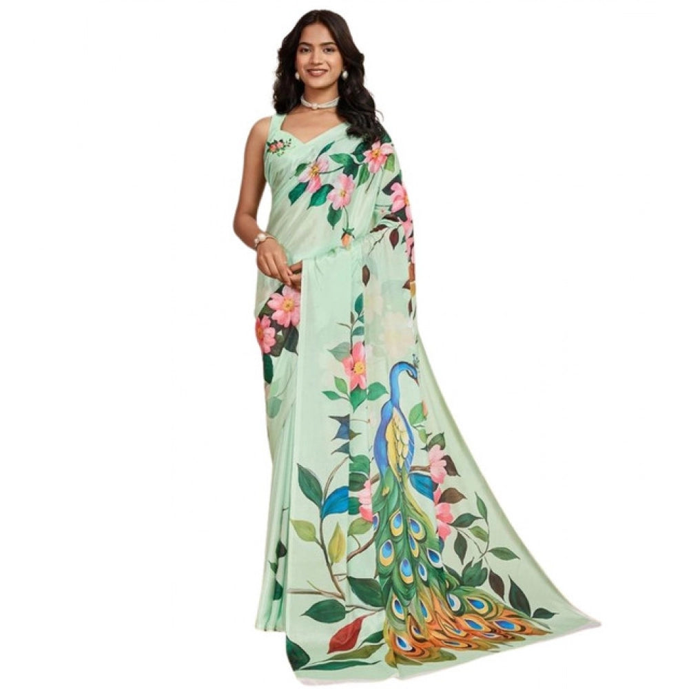 Snuggle Spot Women's Faux_Georgette Printed Saree With Unstitched Blouse 5.5Mtr (Light_Green)