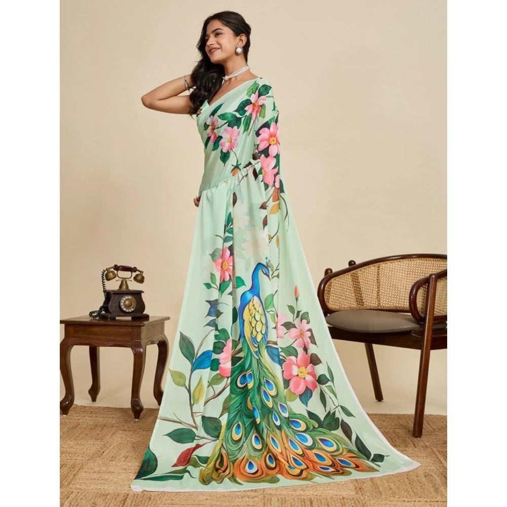 Snuggle Spot Women's Faux_Georgette Printed Saree With Unstitched Blouse 5.5Mtr (Light_Green)