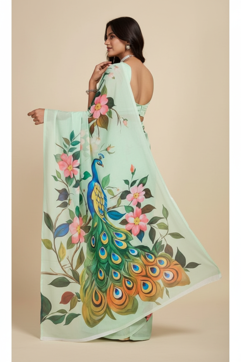 Snuggle Spot Women's Faux_Georgette Printed Saree With Unstitched Blouse 5.5Mtr (Light_Green)