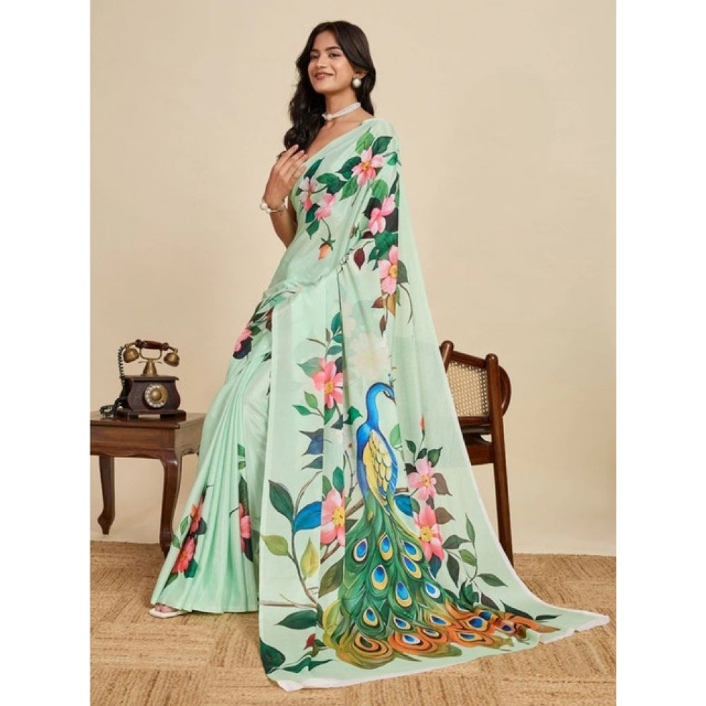 Snuggle Spot Women's Faux_Georgette Printed Saree With Unstitched Blouse 5.5Mtr (Light_Green)