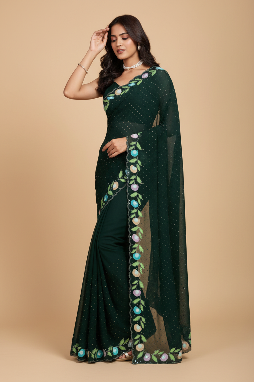 Snuggle Spot Women's Georgette Printed Saree With Unstitched Blouse 5.5Mtr (Green)