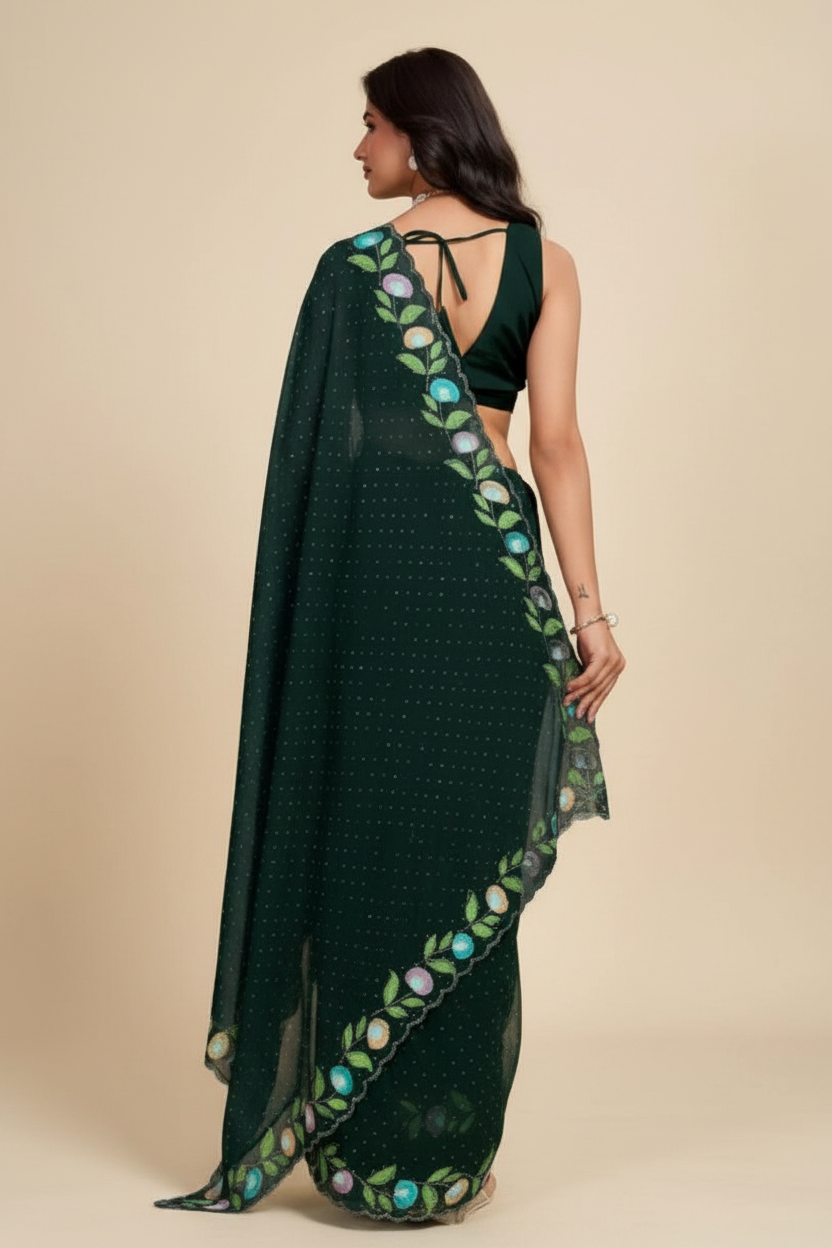 Snuggle Spot Women's Georgette Printed Saree With Unstitched Blouse 5.5Mtr (Green)