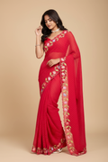 Snuggle Spot Women's Georgette Printed Saree With Unstitched Blouse 5.5Mtr (Red)