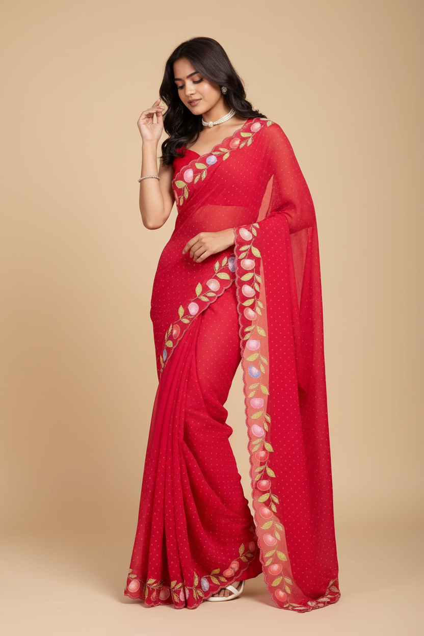 Snuggle Spot Women's Georgette Printed Saree With Unstitched Blouse 5.5Mtr (Red)
