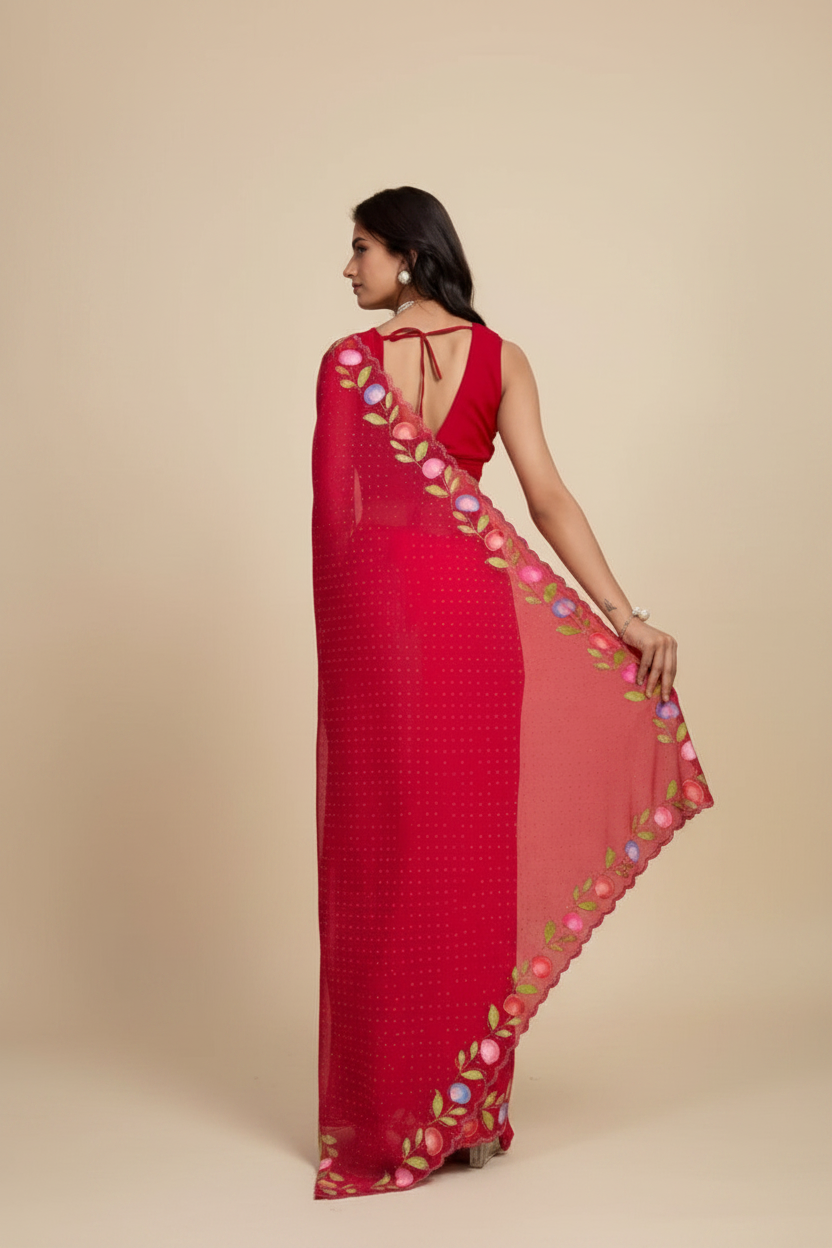 Snuggle Spot Women's Georgette Printed Saree With Unstitched Blouse 5.5Mtr (Red)