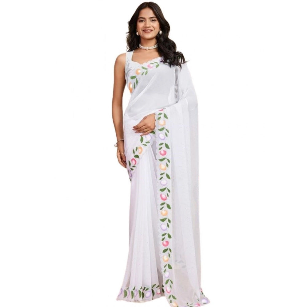 Snuggle Spot Women's Georgette Printed Saree With Unstitched Blouse 5.5Mtr (White)