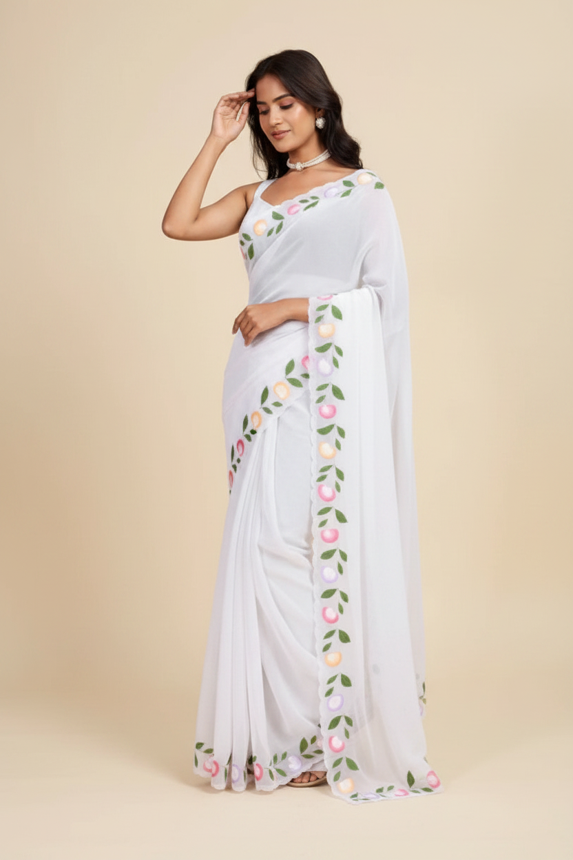 Snuggle Spot Women's Georgette Printed Saree With Unstitched Blouse 5.5Mtr (White)