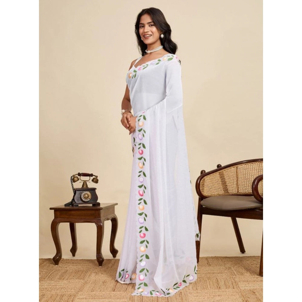 Snuggle Spot Women's Georgette Printed Saree With Unstitched Blouse 5.5Mtr (White)