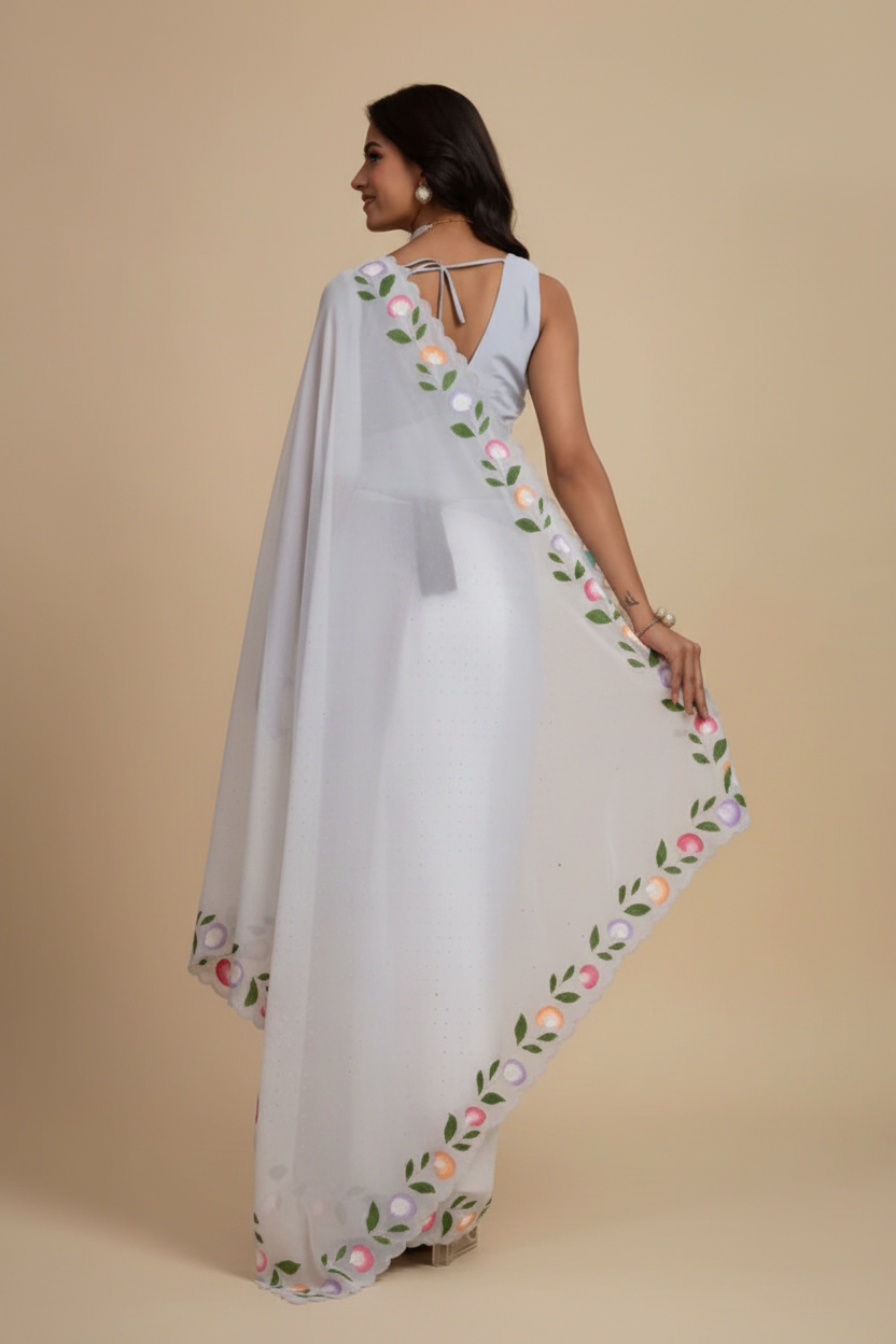 Snuggle Spot Women's Georgette Printed Saree With Unstitched Blouse 5.5Mtr (White)