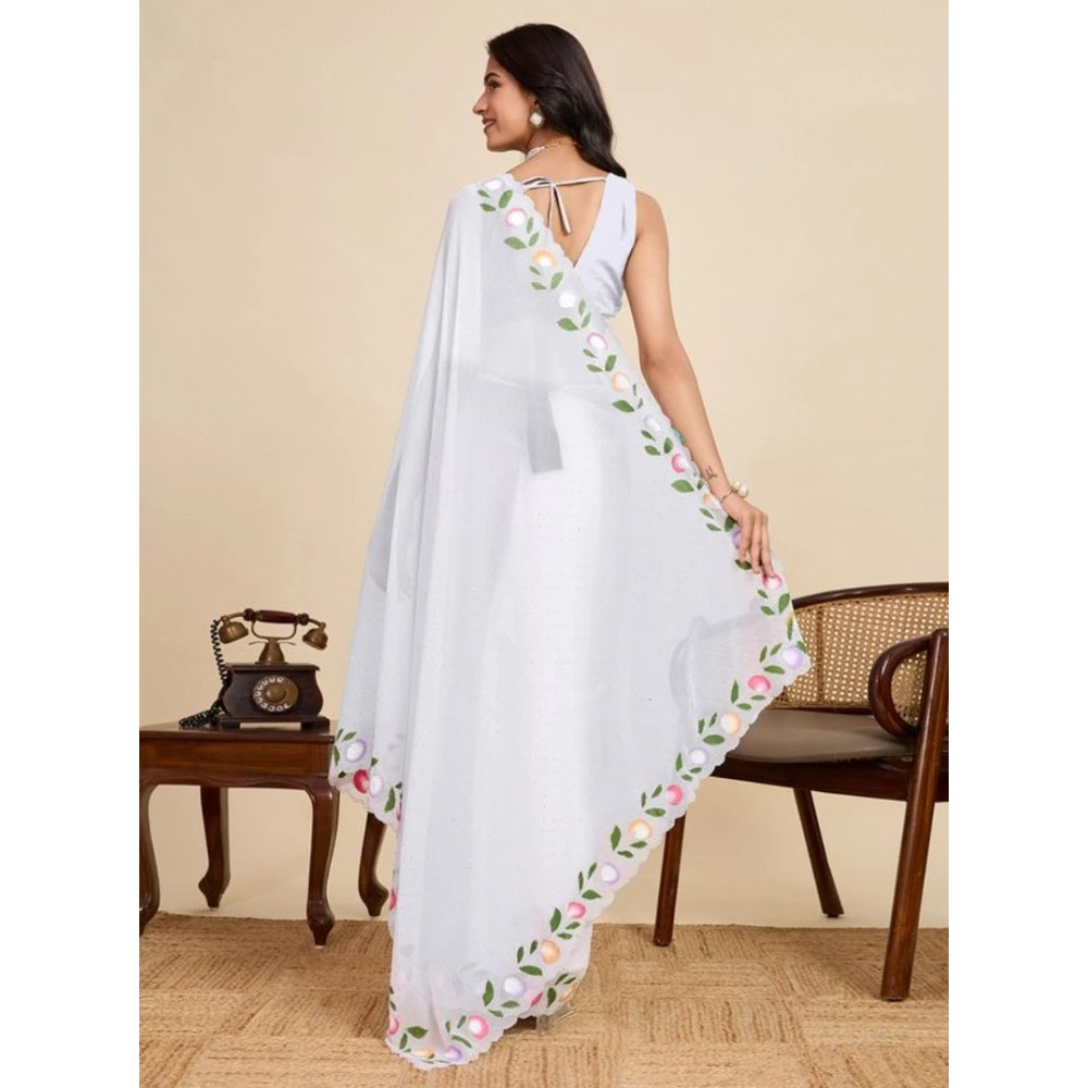 Snuggle Spot Women's Georgette Printed Saree With Unstitched Blouse 5.5Mtr (White)