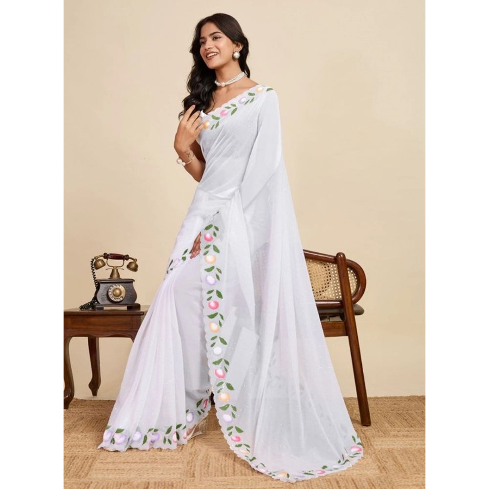 Snuggle Spot Women's Georgette Printed Saree With Unstitched Blouse 5.5Mtr (White)