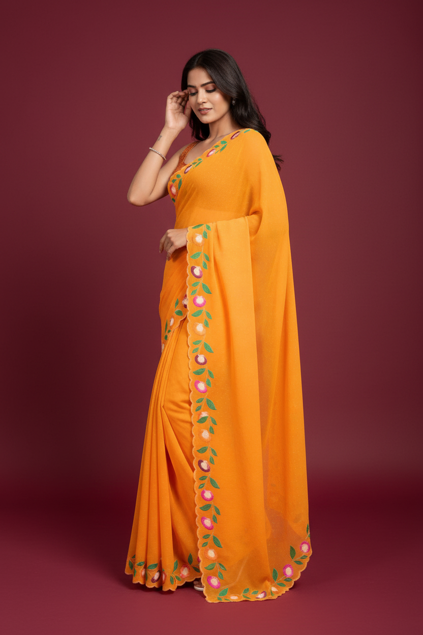 Snuggle Spot Women's Georgette Printed Saree With Unstitched Blouse 5.5Mtr (Yellow)