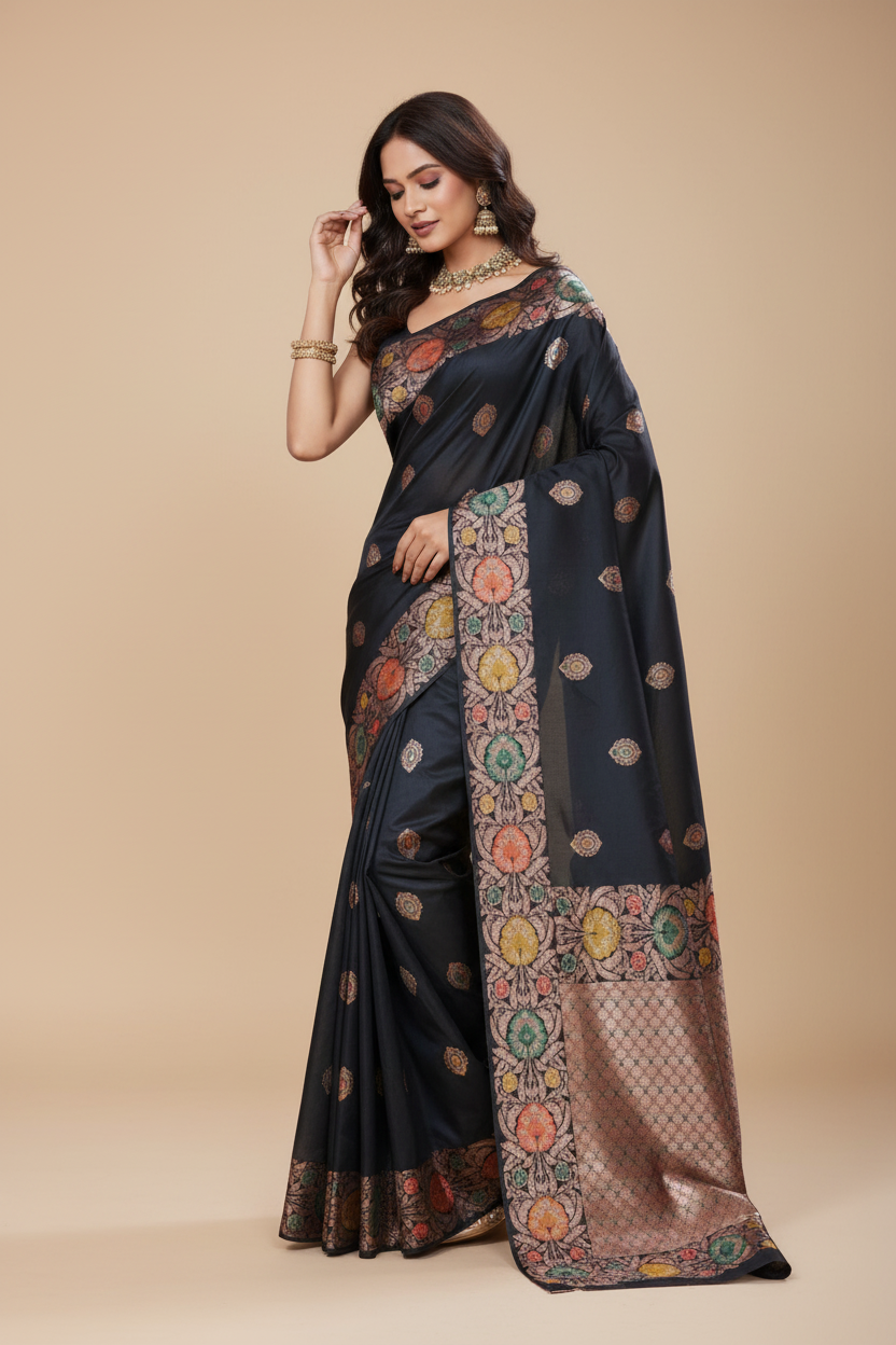Snuggle Spot Women's Faux_Banarasi_Silk Woven Saree With Unstitched Blouse 5.5Mtr (Black)