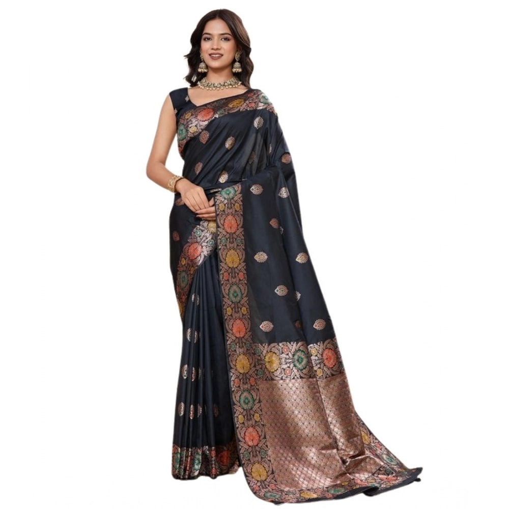 Snuggle Spot Women's Faux_Banarasi_Silk Woven Saree With Unstitched Blouse 5.5Mtr (Black)