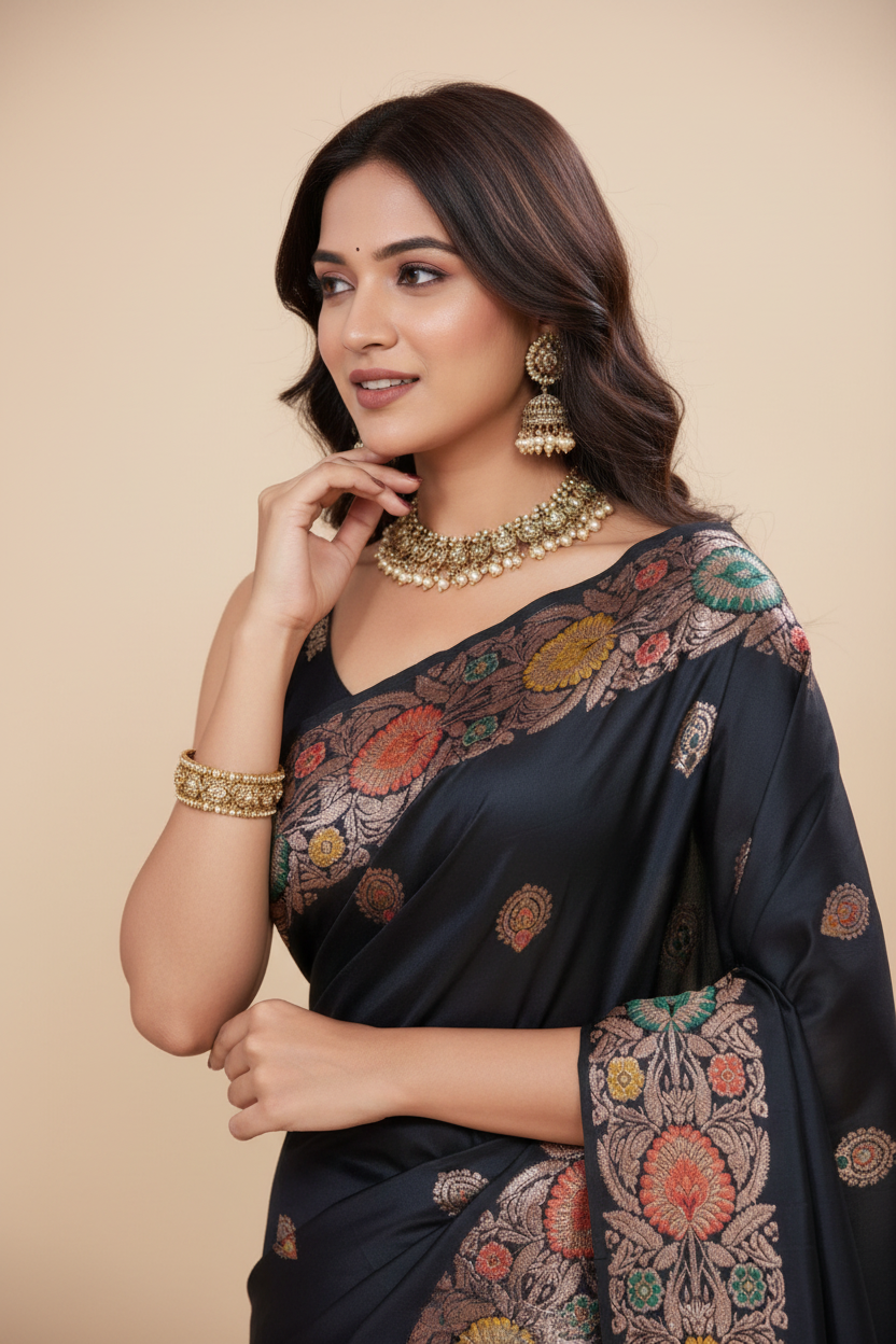 Snuggle Spot Women's Faux_Banarasi_Silk Woven Saree With Unstitched Blouse 5.5Mtr (Black)