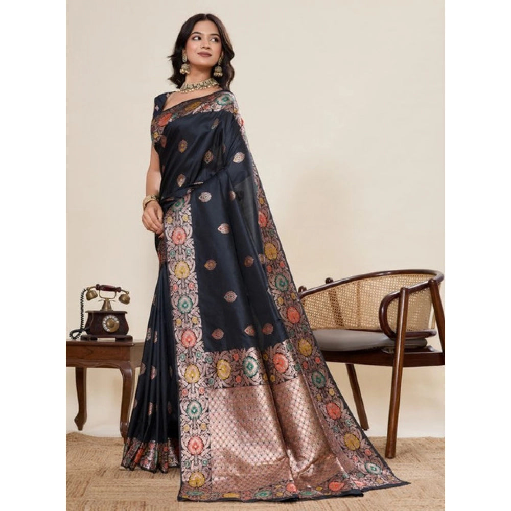 Snuggle Spot Women's Faux_Banarasi_Silk Woven Saree With Unstitched Blouse 5.5Mtr (Black)