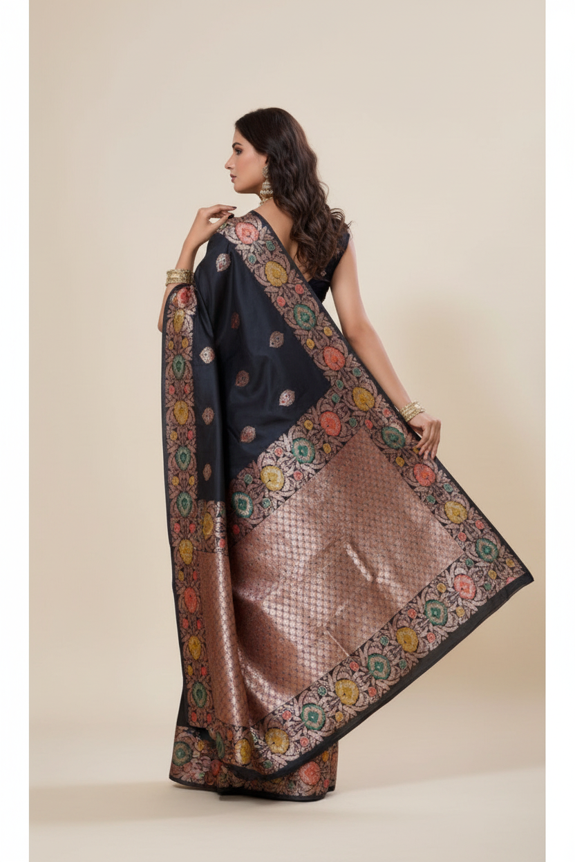 Snuggle Spot Women's Faux_Banarasi_Silk Woven Saree With Unstitched Blouse 5.5Mtr (Black)