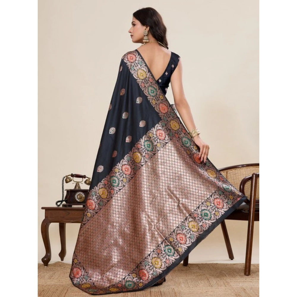 Snuggle Spot Women's Faux_Banarasi_Silk Woven Saree With Unstitched Blouse 5.5Mtr (Black)