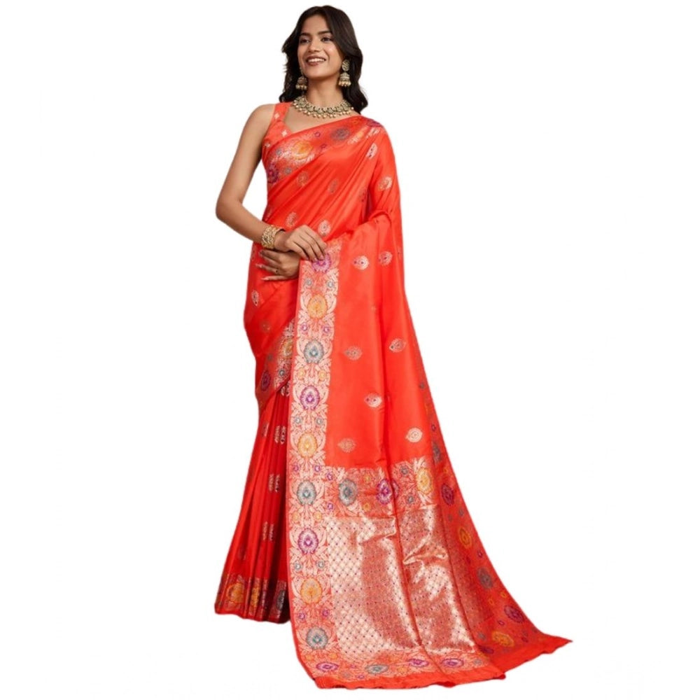 Snuggle Spot Women's Faux_Banarasi_Silk Woven Saree With Unstitched Blouse 5.5Mtr (Coral)