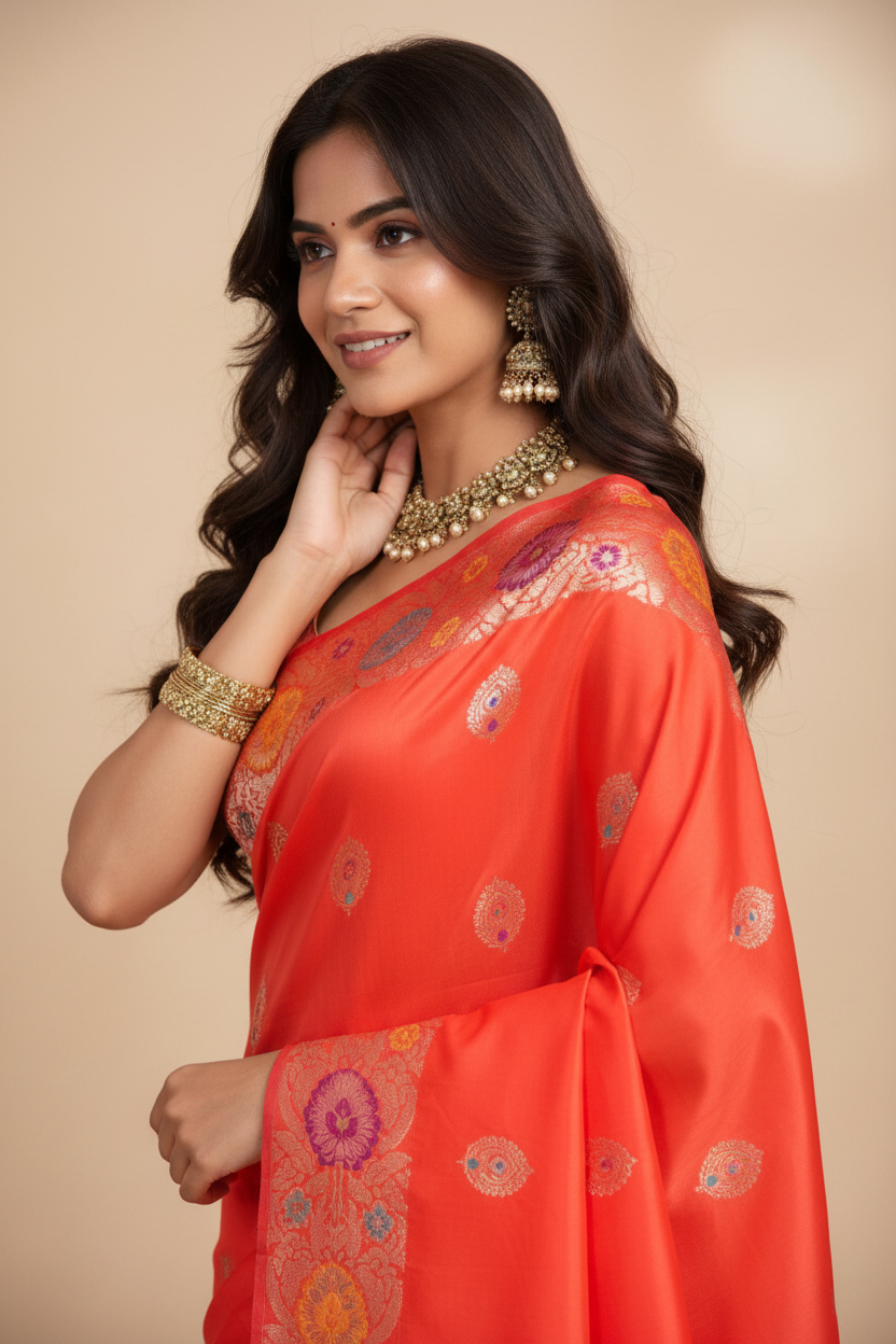 Snuggle Spot Women's Faux_Banarasi_Silk Woven Saree With Unstitched Blouse 5.5Mtr (Coral)