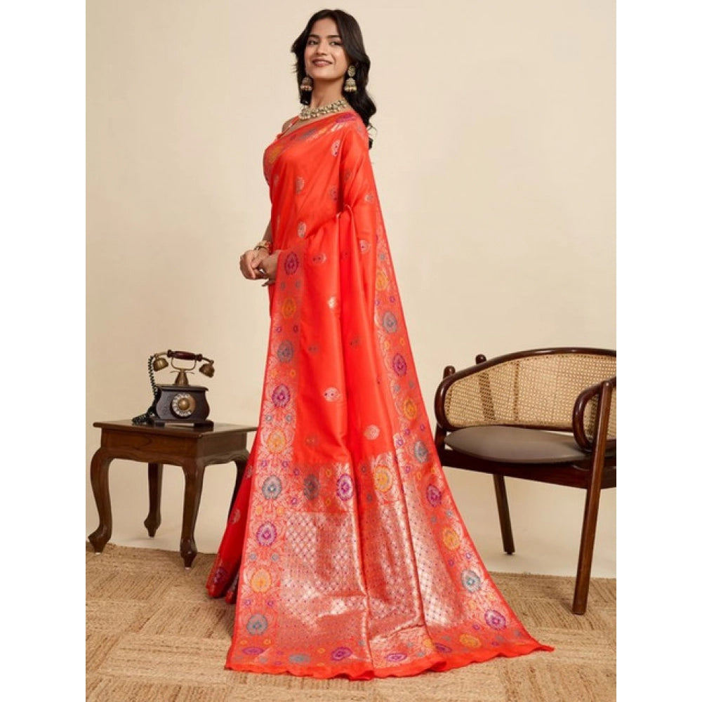 Snuggle Spot Women's Faux_Banarasi_Silk Woven Saree With Unstitched Blouse 5.5Mtr (Coral)
