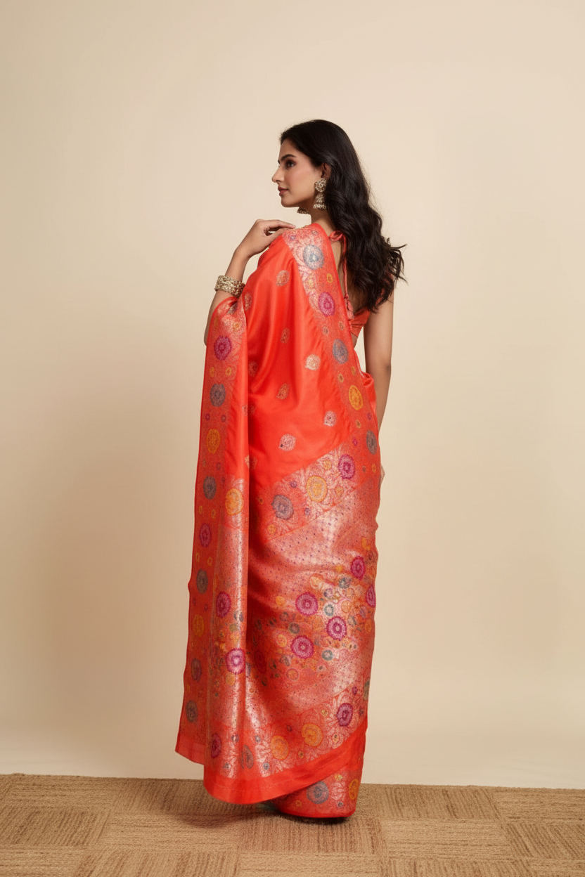 Snuggle Spot Women's Faux_Banarasi_Silk Woven Saree With Unstitched Blouse 5.5Mtr (Coral)