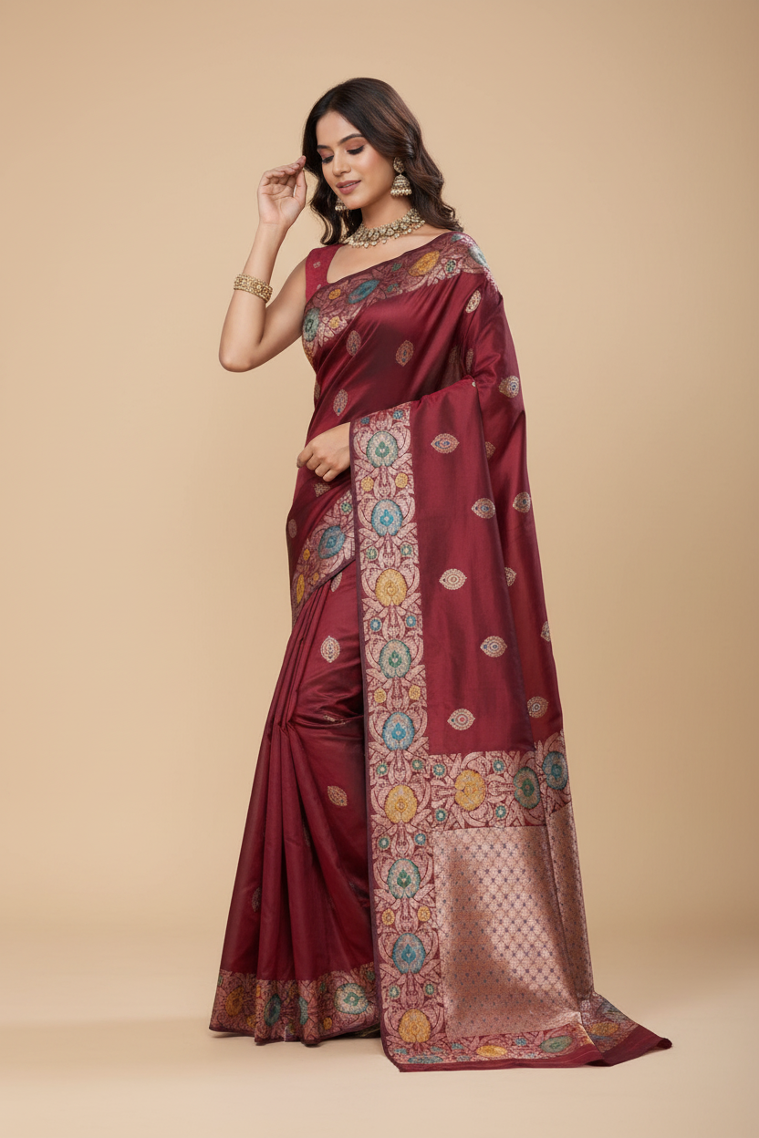 Snuggle Spot Women's Faux_Banarasi_Silk Woven Saree With Unstitched Blouse 5.5Mtr (Maroon)