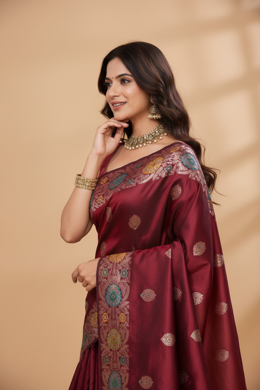 Snuggle Spot Women's Faux_Banarasi_Silk Woven Saree With Unstitched Blouse 5.5Mtr (Maroon)