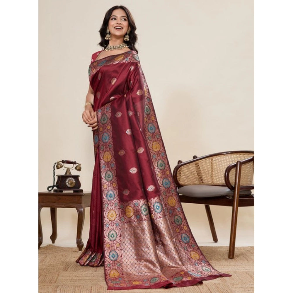 Snuggle Spot Women's Faux_Banarasi_Silk Woven Saree With Unstitched Blouse 5.5Mtr (Maroon)
