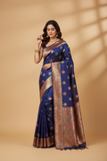 Snuggle Spot Women's Faux_Banarasi_Silk Woven Saree With Unstitched Blouse 5.5Mtr (Navy_Blue)